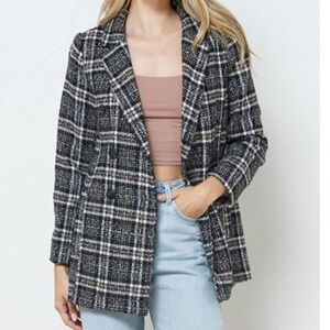 Blue B Tweed Plaid Double Breasted Blazer Black Cream Preppy Academia Jacket  L
